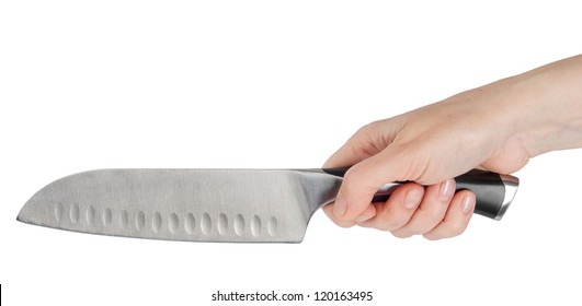 Knife In Woman Hand Isolated On White