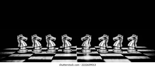 Knight Horse Chess Pieces Stand Confront Challenge Concept Of Team Player Or Business Team And Leadership Strategy Or Strategic Planning And Human Resources Organization Risk Management.