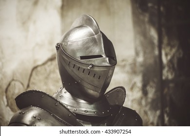 Knight in shining armor. Detail metal helmets. Medieval warrior - Shutterstock ID 433907254