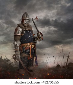 Knight With Sword In Battlefield With Dark Clouds On Background.