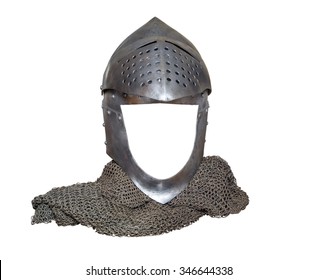 knight's old helmet with visor raised and chain mail for protection in battle. is made of metal. knight's armor