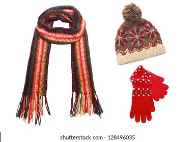  knitted cap, scarf and gloves  isolated on  white
