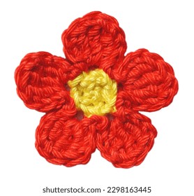 Knitted Cute Red Flower Isolated On White Background
