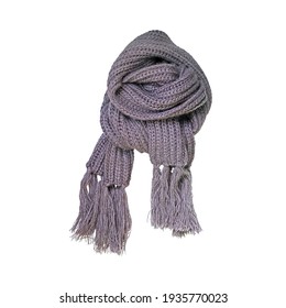 Knitted Gray Scarf With Fringe Isolated On A White Background. Warm Winter Scarf Of Chunky Knit, Accessory In The Cold Season
