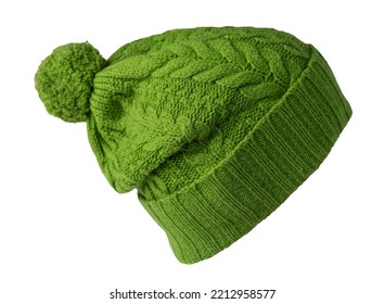   knitted green hat isolated on white background.hat with pompon . - Shutterstock ID 2212958577