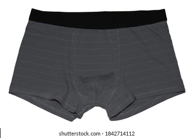 Knitted Grey Men's Underwear With A Narrow Stripe. Boxer Briefs Isolated On White Background. 