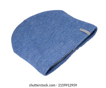 Knitted Navy Hat Isolated On White Background. Warm Winter Accessory