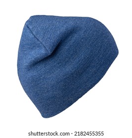 Knitted Navy Hat Isolated On White Background. Warm Winter Accessory