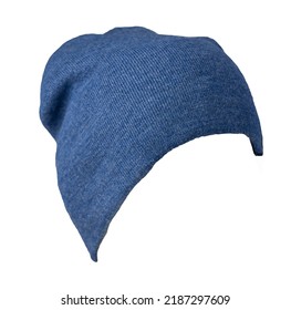 Knitted Navy Hat Isolated On White Background. Warm Winter Accessory