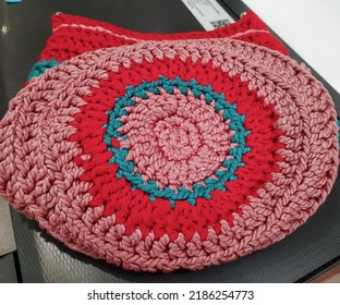 Knitted Sling Bag For Women, Green Red, Crochet With Double Crochet Stitch From The Best Quality Yarn.