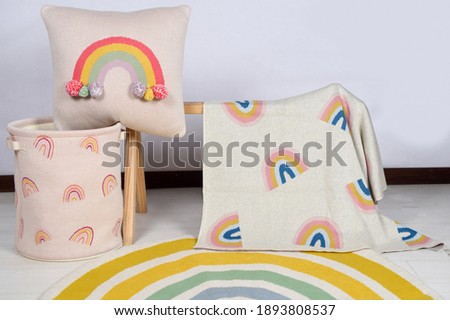knitted throw cushion basket rugs rainbow theme textile