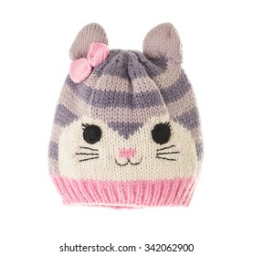 Knitted Wool Cat Ear Cap With Cat Face On Top. Front Side. Isolated On A White Background.