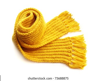 knitted yellow scarf with fringe on white background