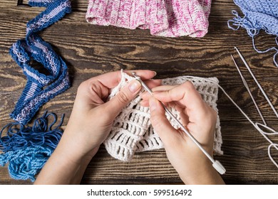 Knitting. Hand Crochet.  Female Hand Knit Hook. Top View. Knitting In Woman Hands