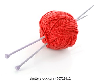 Knitting Needles And Wool Ball Isolated On White