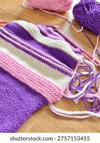 Knitting In Progress With Yarn And Needles Close Up Angle View
