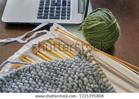 Knitting thread and needle case and laptot. Craft or knitting concept