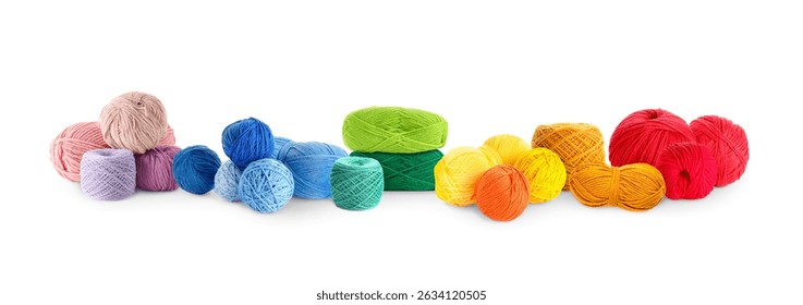 Knitting threads in different colors isolated on white