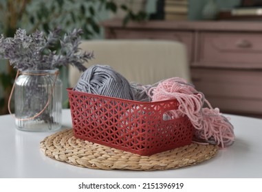 Knitting Threads In A Plastic Box. Storage Box.