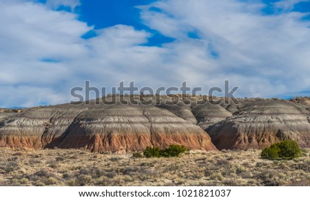 Knobby stripped hills appear in NewMexico's Bisti/de-Na-Zin Wilderness near Farmington, New Mexico with clouds in a blue sky.