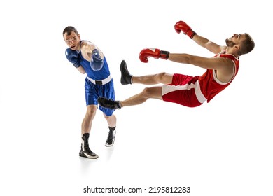 Knockout punch. Two male professional boxers boxing isolated on white studio background. Concept of sport, competition, training, energy. Athletes practicing punch. Copy space for ad, text - Powered by Shutterstock