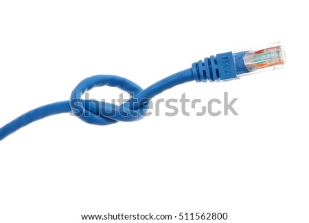 A knot on an unconnected blue  network able isolated on white background.