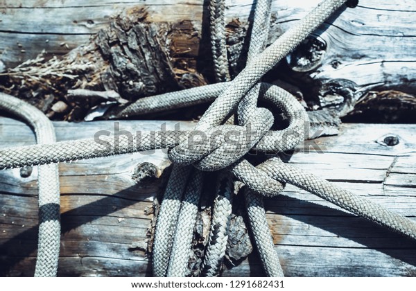 Knot of\
rope on tree. Marine knot holds bridge\
logs
