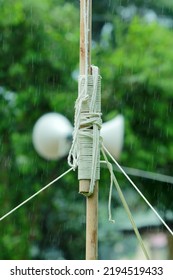 Knots To Connect Wooden Posts. Ropes Tie Tightly Between Wooden Poles. To Set Up A Camping Tent