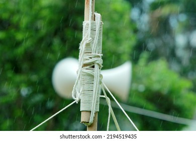 Knots To Connect Wooden Posts. Ropes Tie Tightly Between Wooden Poles. To Set Up A Camping Tent