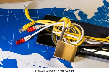 knotted net cable around a padlock over a US map. Suitable for concepts as net neutrality regulations in the USA, Internet Freedom Preservation Act and Open Internet order.