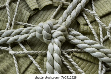 Knotted Rope On A Sake Barrel Close Up In Jpan