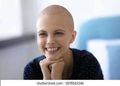 I Know It Will Be All Right. Close Up Shot Of Laughing Hairless Young Female Getting Oncology Treatment Receiving Good Lab Test Results. Optimistic Woman Cancer Patient Feel Happy Going Into Remission