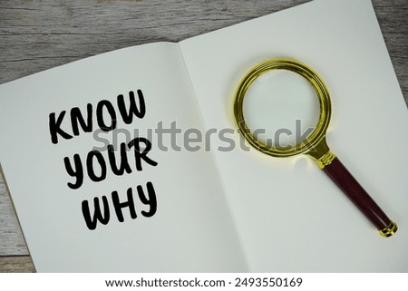 Know Your Why text message written on note page with magnifying glass top view on wooden background