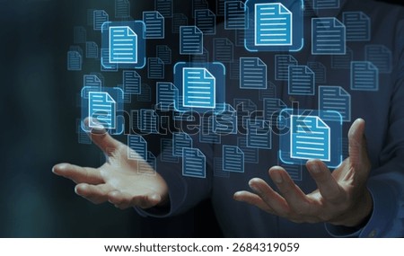 Knowledge base KB and document search. Enterprise knowledge management and document repository. Businessperson holding document icons.