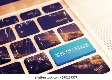 KNOWLEDGE: Close up green button keyboard computer. Vintage Effects. Digital Business and Technology Concept.
