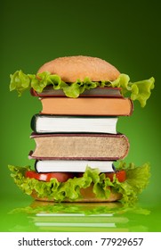 Knowledge Fast Food Concept Represented By Burger With Books On Green Background