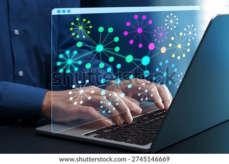 Knowledge graph. Semantic network for knowledge and data management. Businessperson using laptop computer to access knowledge base at desk in office.