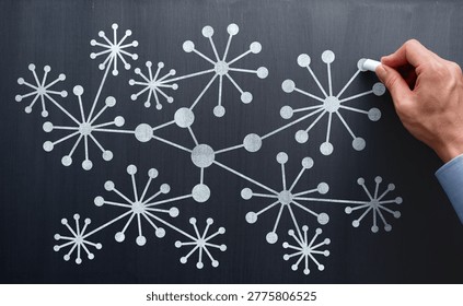 Knowledge graph. Visualization of semantic network structure. Organizing relationships between data and information. Consultant teaching how to draw diagram on blackboard.