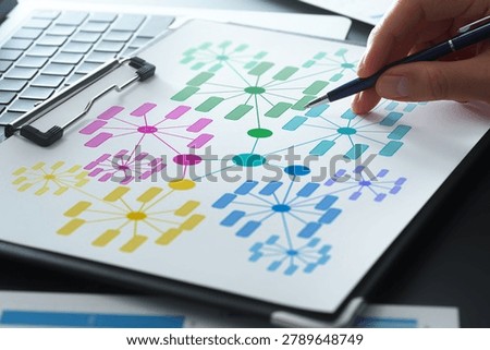 Knowledge graph. Visualization of semantic network structure. Businessman organizing relationships between data and information.