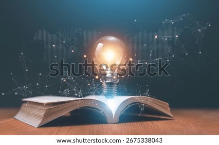 Knowledge and innovation creative concept. Glowing light bulb rising from open book with world map hologram. Symbolizing education, learning, inspiration, creativity and global technology future.