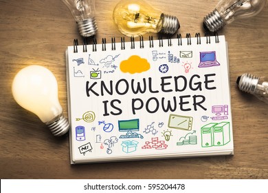 Knowledge is Power text on sketching notebook with many light bulbs