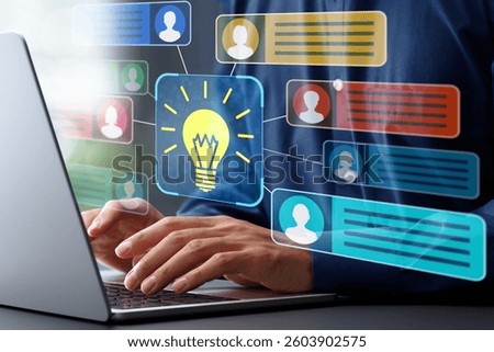 Knowledge sharing and management. Discussion forums for project management within team collaboration platform. Businessman using laptop computer for messaging team.