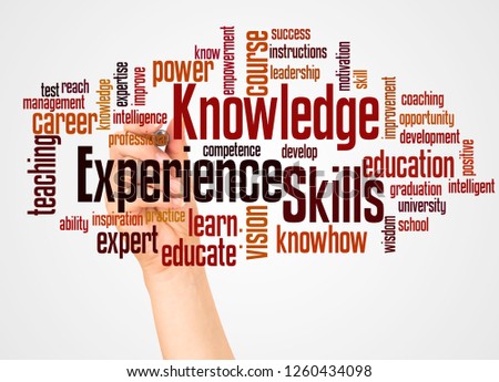 Knowledge Skills Experience word cloud and hand with marker concept on white background.