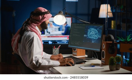 Knowledgeable data scientist updating neural networks, writing complex binary code scripts. Certified teleworking freelancer in home office uses digital device programming to upgrade AI