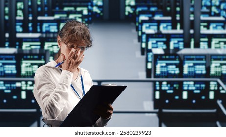 Knowledgeable serviceman in data center equipped to handle complex computational operations, doing regular upgrades to server units, increasing processing power to prevent hazards