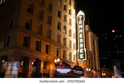 Knoxville, Tennessee, United States - December 5 2020: Tennessee Theatre Sign At Night