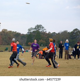 KNOXVILLE, TN - NOVEMBER 6: Ultimate Frisbee Players Get Into Position At The Dave Baldwin Memorial Tournament, November 6, 2010, Victor Ashe Park, Knoxville, Tennessee