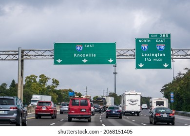 Knoxville, TN - Oct. 25, 2021: Signs on Interstate 40 toward Knoxville and Exit 385 for I-75 North and I-640 East toward Lexington, Kentucky.