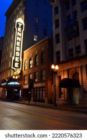 Knoxville, TN, USA April 11, 2017 The Tennessee Theater Marquee Illuminates The Street In Knoxville, Tennessee And Is The City's Home For The Performing Arts