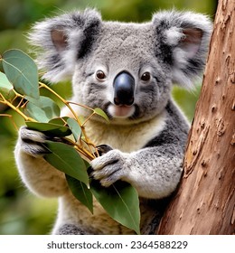 A koala bear perched on a tree branch, holding a eucalyptus leaf